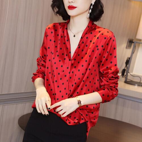 Womens Spring Autumn Style Blouses Shirts Womens Polka Dot V-Neck Long Sleeve Vintage Loose Tops SP665