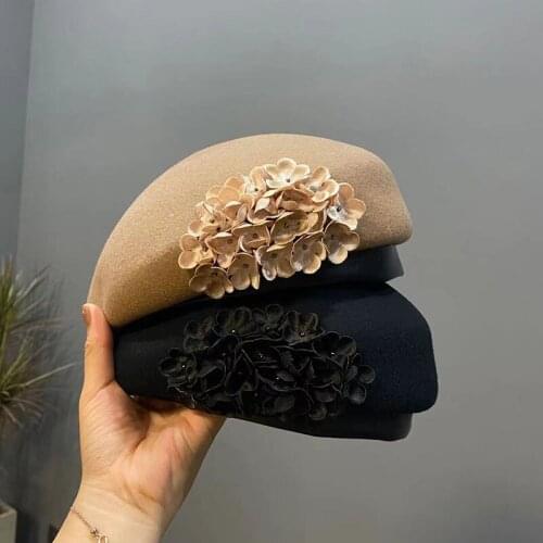 New Autumn Winter 100% Wool Delicate Flowers Formal Berets Hat For Women Pumpkin Beret Hat Casual Painter Hat Chapeu Feminino