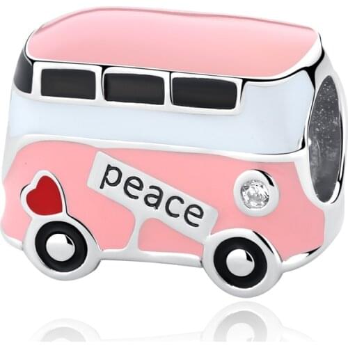 New Original 925 Sterling Silver Bead Love & Peace Pink Bus Charm Fit Pandora Bracelet Necklace DIY Women Jewelry