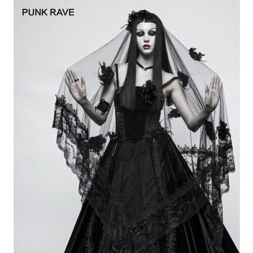 PUNK RAVE Gothic Women Headwear Bridal Mysterious 3D Rose Flower Punk Wedding Long Black Lace decoration Victorian Veil