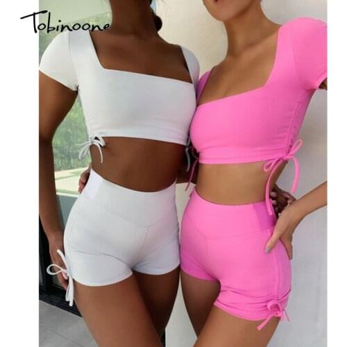 Tobinoone Summer High Waist Vintage Two Piece Set Short Sleeve Sexy Women Top and Pants Set Hollow Out Square Collar Women Set