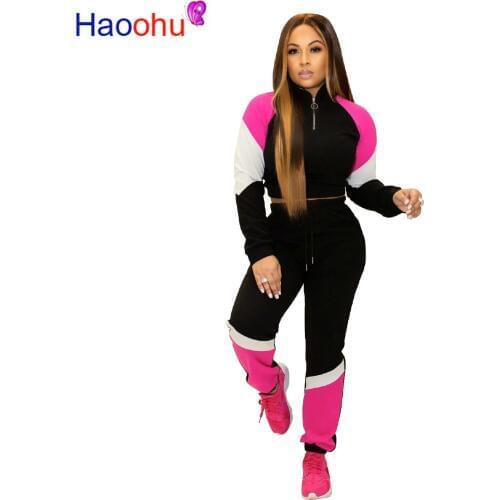 Color Block Fitness 2 Piece Outfits for Women Zipper Long Sleeve Zipper Crop Jacket + Pencil Pants Plus Size Two Piece Sweatsuit
