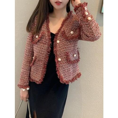 Small fragrance jacket female autumn and winter new high quality ladies all-match tassel retro tweed knitted cardigan women coat