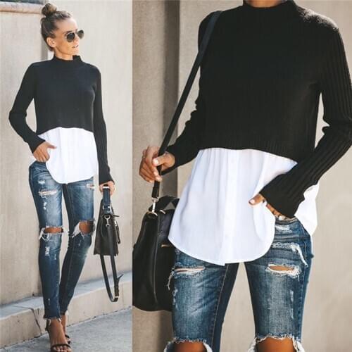 Autumn Winter Black Knit Sweater Women 2020 Patchwork Long Sleeve Button Pullover Women Jumper