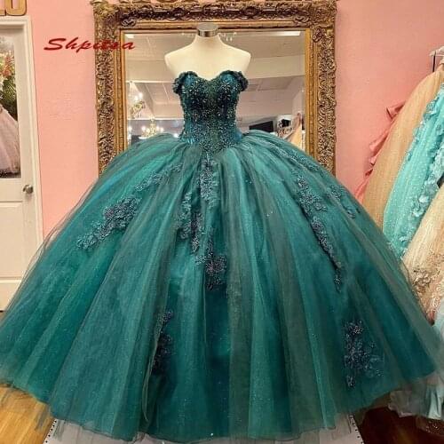 Emerald Green Lace Quinceanera Dresses Ball Gown Tulle Princess Plus Size Coset Women Girl Long Prom Sixteen 15 Sweet 16 Dress