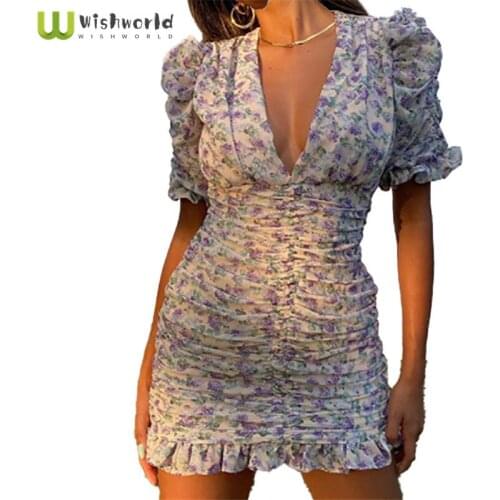 2021 Summer European American Fashion New V-neck Ruffle Pleated Bubble Sleeve Dress Womens Party Club Mini Dress Short Skirt