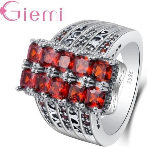 Fashion Wide Verge Women Female Party Jewelry 925 Sterling Silver Geometric Lace Ring With Full Fine Red Crystal