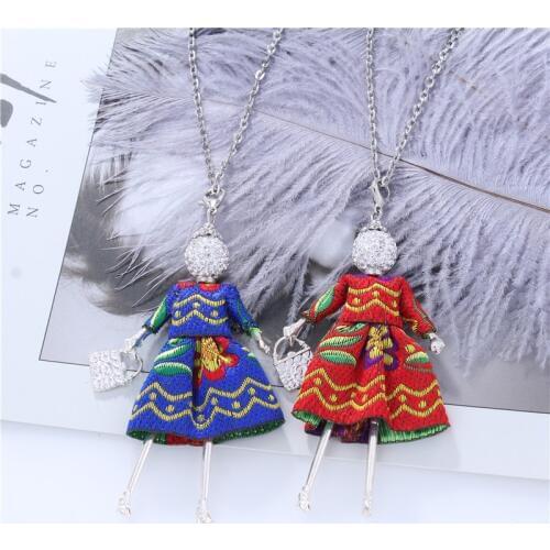 Vintage Dress Doll Necklaces For Women Blue Red Embroidery Clothing Silver Crystal Figure Pendants Necklaces Long Chain collares