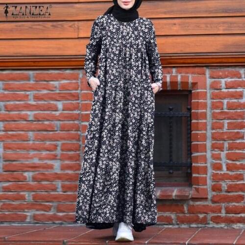 ZANZEA Women Vintage Floral Printed Maxi Dress Autumn Baggy Kaftan Turkey Abaya Hijab Dress Robe Muslim Dubai Kaftan Long Dress