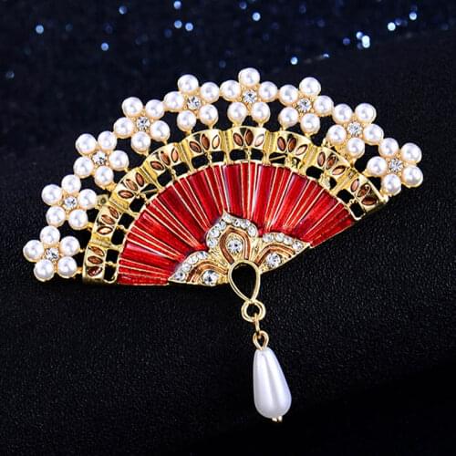 Zlxgirl fashion Cartoon Enamel fan shape brooch bouquet nice imitation pearl scarf pins womens hats pins accessory