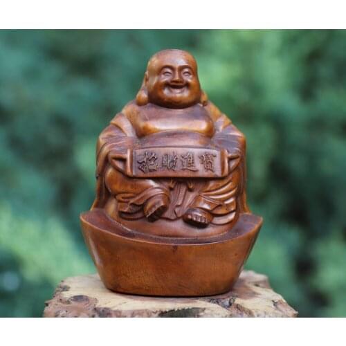 10 CM China Boxwood Sack Monk Wealth Maitreya Buddha sit on gold ingot sculpture