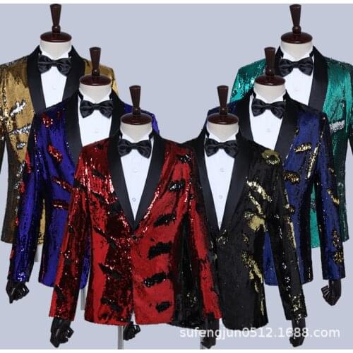 2021 Mens Qing Guo Flower Collar blazer Stage Singer Host Costume Flip Sequined blazer jacket