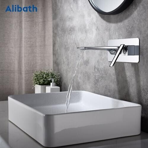 Free shipping Bathroom Basin Sink Faucet Wall Mounted Square Chrome Brass Mixer Tap With Embedded Box