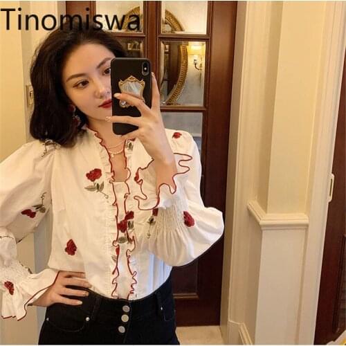 Tinomiswa Embroidered Floral V Neck Blusas Puff Sleeve Korean Vintage 2021 Spring Ropa Mujer Chic Buttons Women Blouses Sweet