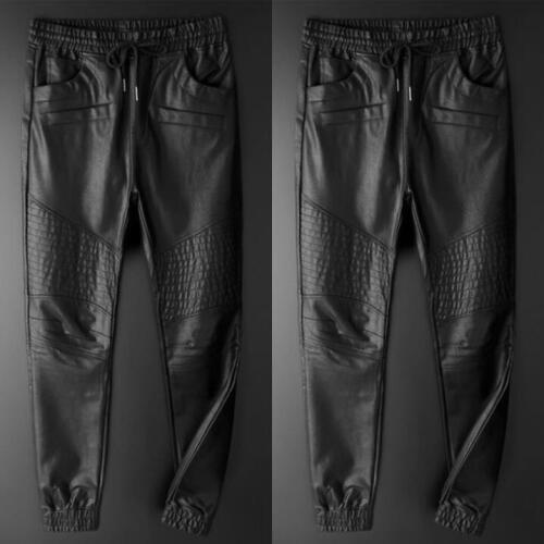 Plus thick velvet faux leather pants mens feet pants loose motorcycle pu trousers for men personality fashionElastic band black