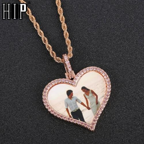 Hip Hop Rose Custom Heart Made Photo Medallions Iced Out Bling AAA Cubic Zircon Personalized Necklace & Pendant For Men Jewelry