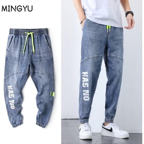 Spring Summer Cargo Jeans Men Printed text Streetwear Cotton Denim Jogger Pants Men Baggy Harem Jean Trousers Plus Size 28-38