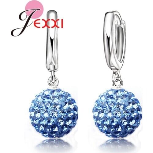 Hot Sale Multi Colors 1 Pair Real Pure 925 Sterling Silver Austrian Pave Disco Ball Hoop Lever back Earring Woman Jewelry