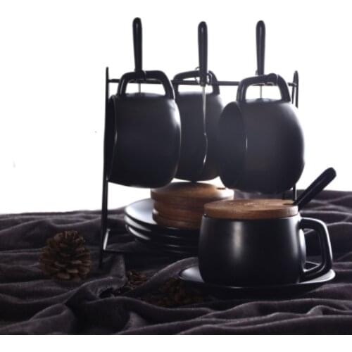 Black scrub coffee cup with lid and spoon European afternoon tea set with Coffee Cup & Saucer Sets Home office ceramic cup