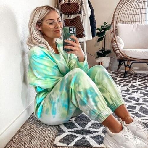 2 Pieces Set O Neck Long Sleeve Tie Dye Elastic Cuffs Casual Home Suit Drawn Back Ankle-Length Pants 2020 Winter New Home Suit