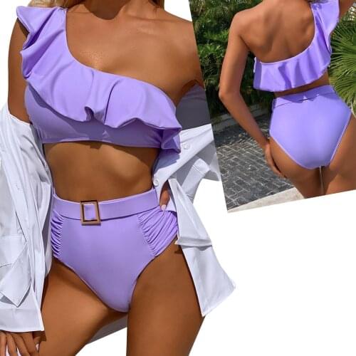 Two Piece Single Ruffle Sleeve Swimwear Women Ladies Bikini Ruffled Trim Sexy High Waist Summer Clothing Beach Bathing Swimsuit