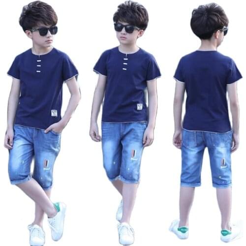 Baby boys clothes sets kids summer cotton t shirt+pant 2pcs child jeans teenage jeans cartoon Tees boys sport pants boys t shirt
