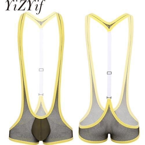 Mens Jockstrap Leotard Underwear One-piece See Through Sheer Fishnet Y-back Bulge Pouch Suspender Wrestling Singlet Bodysuit