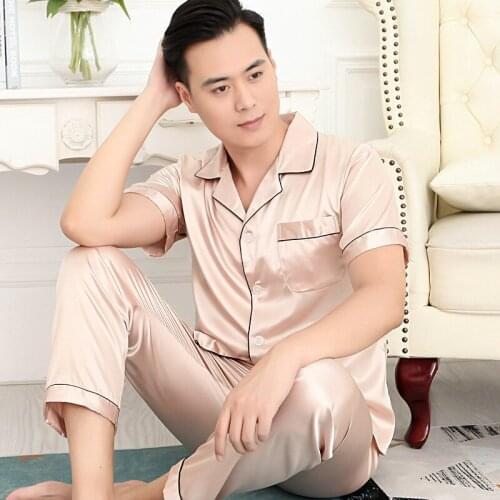 Mens Pajama Set Short Sleeve Trousers Pajama Set Women Sleep Tops Couple Pajamas Black Silk Pajama Pants Long Sleeve Sleepwear