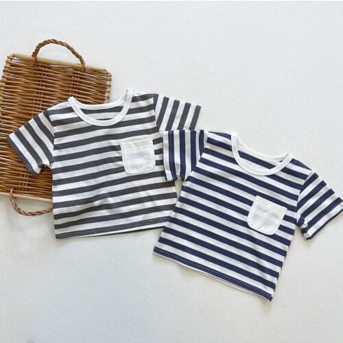 Striped Loose Little Pocket Navy Style Baby Girl Boy 2021 Summer Cotton T Shirt Toddler Girl Baby Brand Clothes Pure Color Top