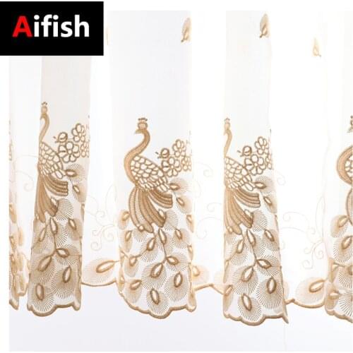Embroidered Pink Peacock Sheer Curtain For Kitchen Windows Blue White Rod Pocket Short Sheer Voile Door Panel Cortinas DL081-3