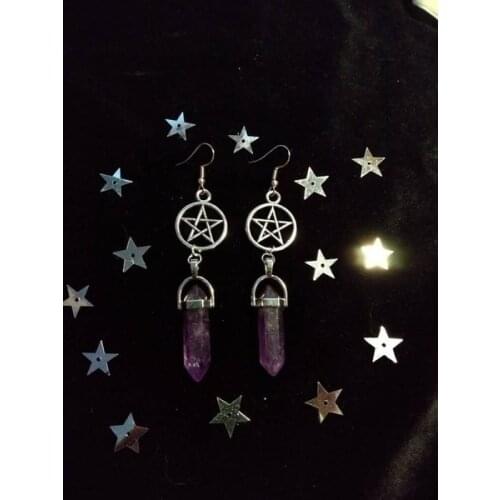 Pentagram Purple Crystal Stone Hexagonal Pillar Pendant Earrings Wicca Pagan Witch Goth Gothic Jewelry Fashion Dangle Party Gift