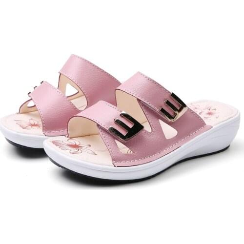 Women Shoes Summer Platform Sandals Slides Flip Flops 2021 Elegant Genuine Leather Ladies Slip On High Heels Wedges Slippers