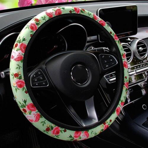 Universal Leather Auto Car Steering Wheel Cover Anti Slip Rose Flower Car Styling Steering-wheel Covers For Women Girls Ladies