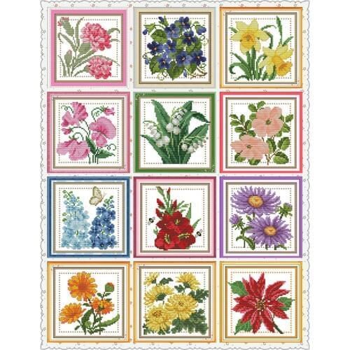 Everlasting Love Twelve Months Flower Chinese Cross Stitch Ecological Cotton Clear Stamped 11 14CT DIY Gift Christmas Decoration