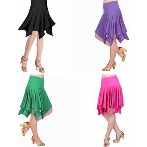 Women Ladies Latin Salsa Tango Rumba Cha Cha Pleated Skirt Dancewear Asymmetric Ballroom Dance Skirt Multicolor 903-B253