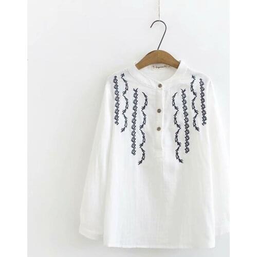 Plus Size L-4XL Womens Long Sleeved Blouse Embroidery Ladies' Officewear Blusas White Pink OL Tops