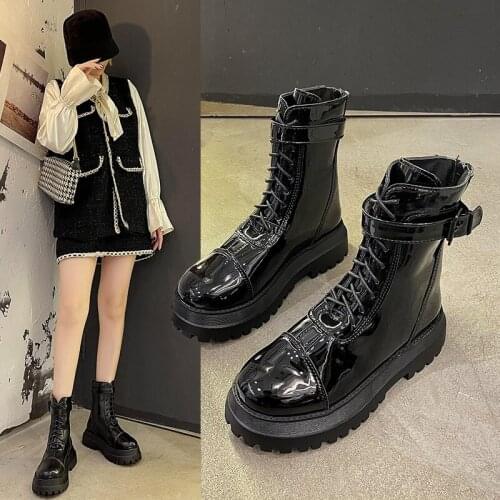 2021 Black Platform Combat Ankle Boots for Women Lace Up Buckle Strap Woman Shoes Winter Biker Boots Big Size