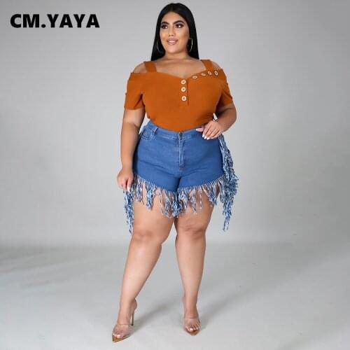 CM.YAYA Women Jeans Plus Size Solid Ripped Fringe Tassel Zipper Pockets Strechy Denim Shorts Sexy Fashion Streetwear Summer 2021