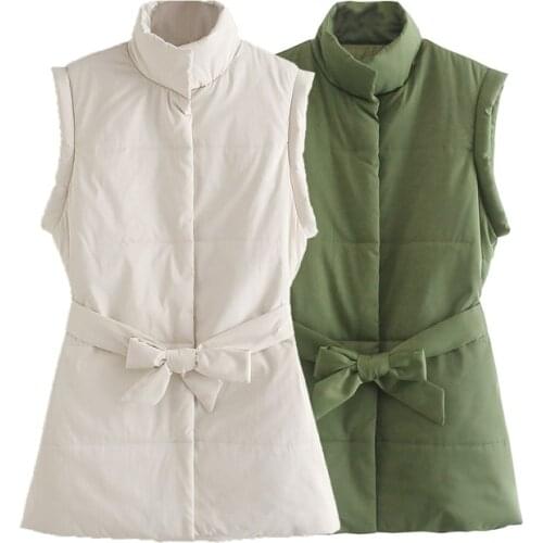 MESTTRAF Women 2021 Fashion Pure Color Belted Cotton Padded Waistcoat Retro Sleeveless High Neck Zipper Slim Vest Streetwear