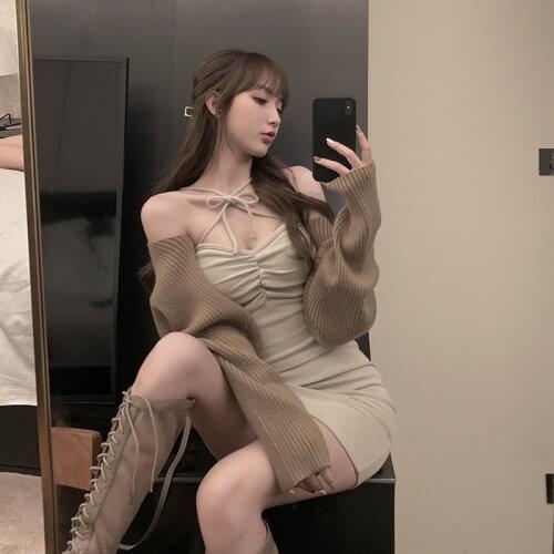 Ladies nightclub spaghetti dress female spring and winter 2021 new sexy knitted bag hip dress and sweater cardigan 2pcs set