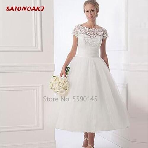 2020 Lace Short Wedding Dress Tea Length A Line Bridal Gown Sheer Neck Appliques Tulle Vestido De Novia Robe Mariage Undefined
