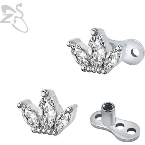 ZS Leaves Flower Dermal Anchor Cubic Zirconia Stone Internally Threaded Dermal Piercings Implants Fit Surface Hide It Jewelry