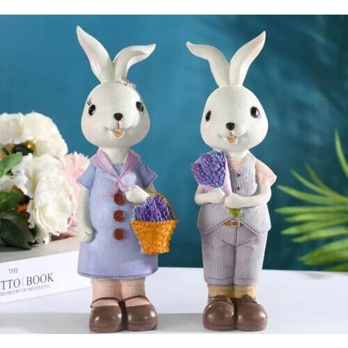 2pcs/set Cute Rabbit Figurines Miniature Tabletop Ornaments Fairy Easter Party Decor Easter Love Flower Party Supplies Gift