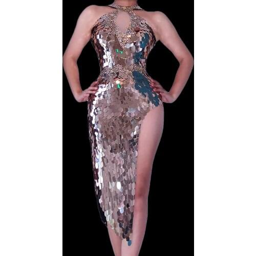 Sparkly Sequin Sleeveless Dress High Side Split Sexy Wear Evening Party Nightclub Dance Stage Costume