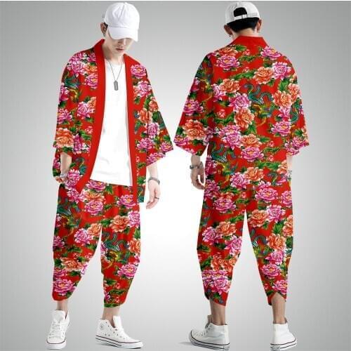 Couple Women Men Phoenix Flower Printed Male Asian Style Loose Short Sleeve Kimono Trousers Pants Leisure Harajuku Streetwear