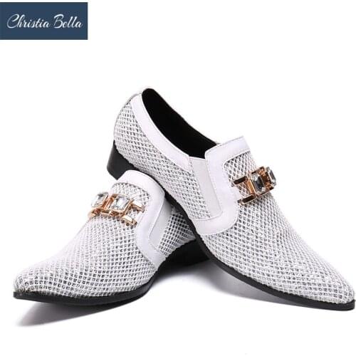 Christia Bella British Style Large Size Male Grid Genuine Leather Crystal Buckle Shoes Handmade Men Pointed Toe Prom Dress Shoes