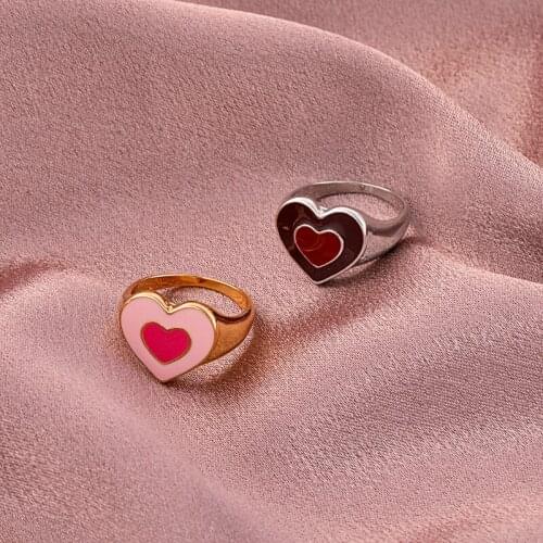 Geometric Colorful Enamel Double Love Heart Shaped Ring Vintage Alloy Heart Shaped Thick Finger Rings for Women Party Jewelry