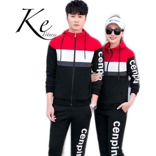 KE Couple sports suits womens coton red black large size running clothes mens sportswear suits sweater two-piece tracksuit