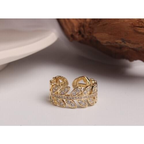 Korean hot fashion jewelry exquisite copper inlaid zircon leaf wheat ear ring elegant women wedding prom opening adjustable ring