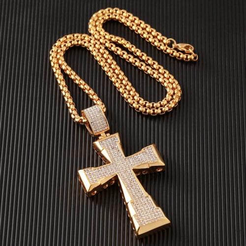 WENDYFO Crystal Cross Necklace Men Gold Color Hip Hop Stainless Steel Chain Religious Necklaces Pendant Male Jewelry Gift